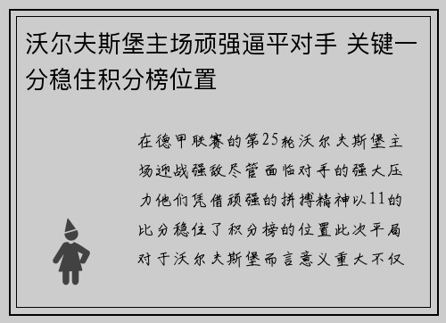 沃尔夫斯堡主场顽强逼平对手 关键一分稳住积分榜位置