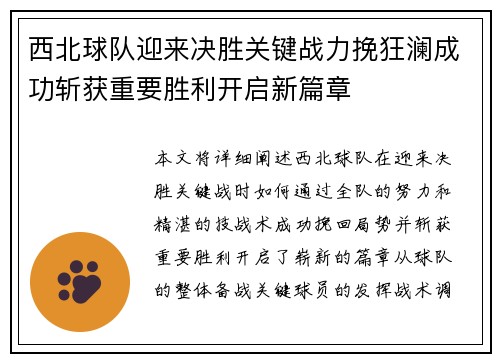西北球队迎来决胜关键战力挽狂澜成功斩获重要胜利开启新篇章